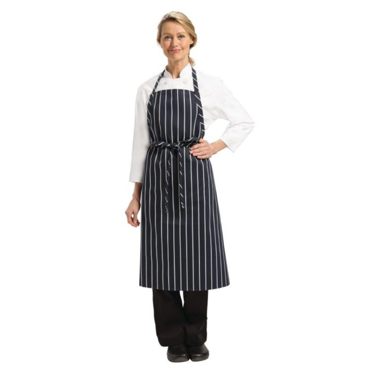 Chef Works Premium Woven Bib Apron Navy and White Stripe